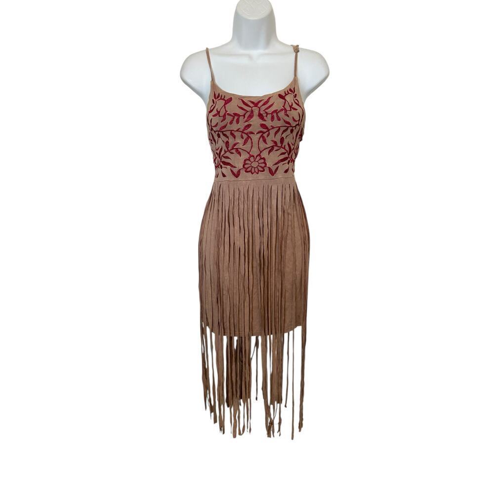 POL Beige Fringe Suede Boho Adj Straps Red Embroidery Bodice Dress L